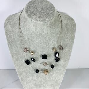 Silver Multichain Acrylic Beaded Necklace Black